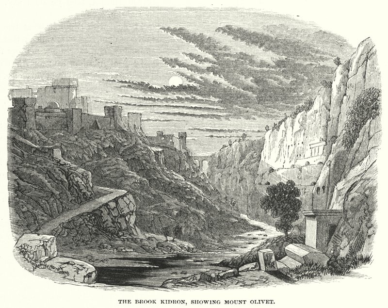 De beek Kidron, met de berg Olijfberg (gravure) door English School