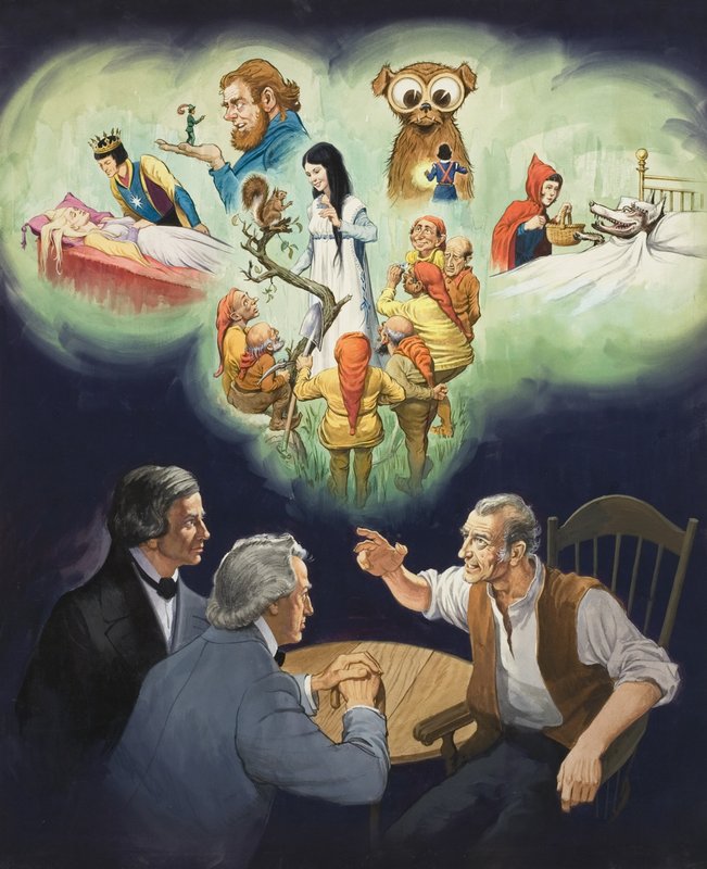 De gebroeders Grimm (gouache op papier) door English School