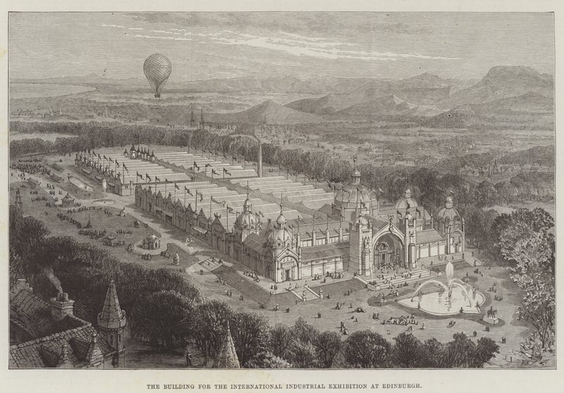 Het gebouw voor de internationale industriële tentoonstelling in Edinburgh door English School