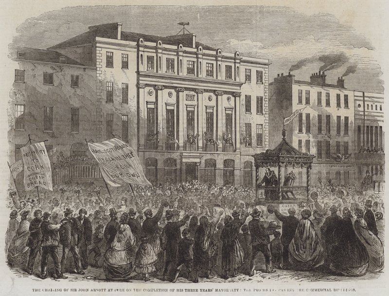 De inhuldiging van Sir John Arnott in Cork na de voltooiing van zijn driejarige burgemeesterschap, de processie passeert de commerciële gebouwen (gravure) door English School