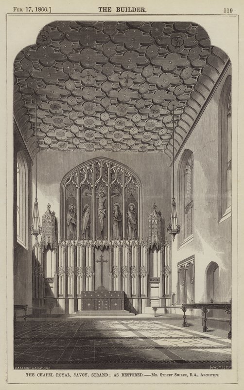The Chapel Royal, Savoy, Strand, zoals gerestaureerd, Mr Sydney Smirke, RA, Architect (gravure) door English School