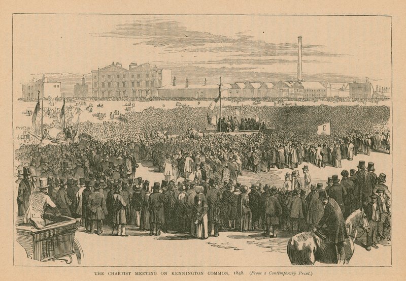 De Chartist bijeenkomst op Kennington Common in 1848 door English School