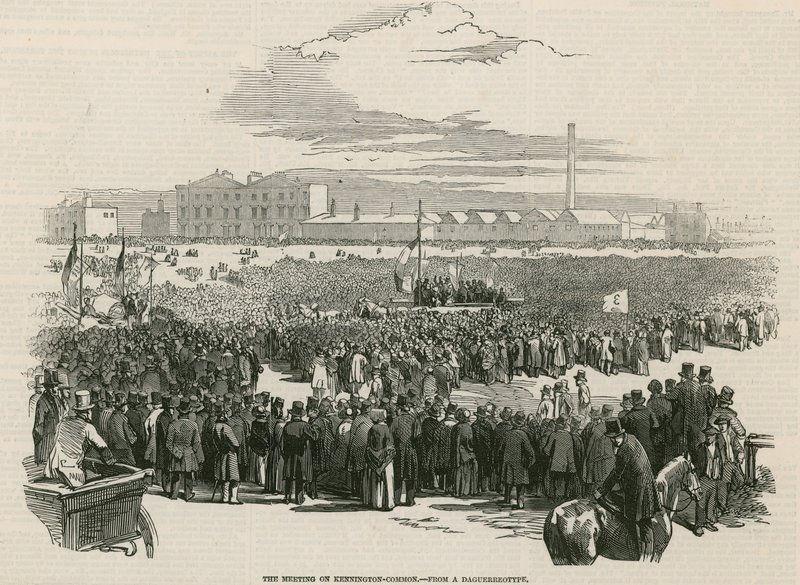 De Chartist bijeenkomst op Kennington Common in 1848 door English School