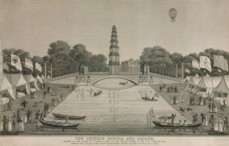 De Chinese pagode en brug gebouwd over het kanaal in St James