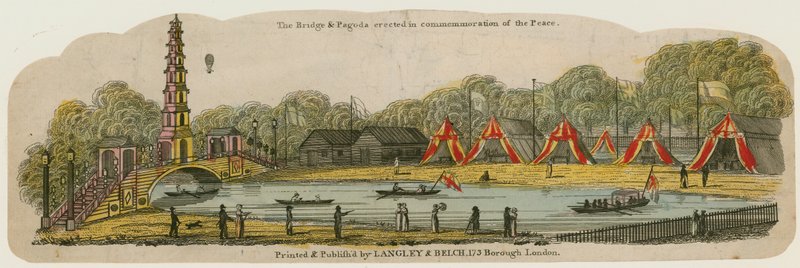 De Chinese pagode en brug opgericht over het kanaal in St Jamess Park ter herdenking van de Vrede, 1 augustus 1814 door English School
