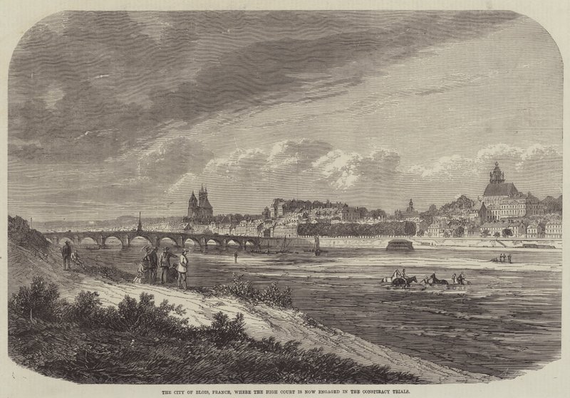 De stad Blois, Frankrijk, waar het Hooggerechtshof nu bezig is met de samenzweringsprocessen (gravure) door English School