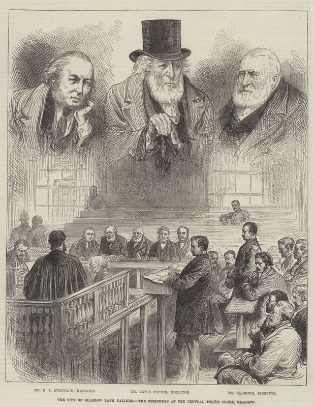 Het faillissement van de City of Glasgow Bank, de gevangenen in het centrale politiebureau van Glasgow (gravure) door English School