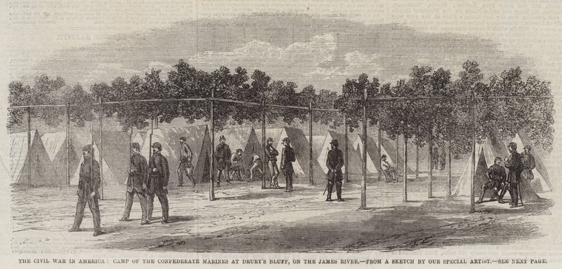 De burgeroorlog in Amerika, kamp van de Zuidelijke mariniers bij Drury