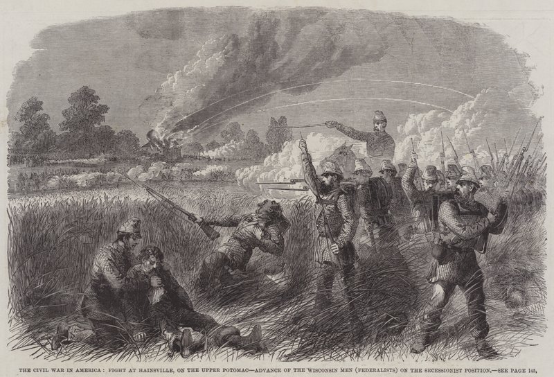 De Burgeroorlog in Amerika, Gevecht bij Hainsville, aan de Boven-Potomac, Vooruitgang van de Wisconsin Mannen (Federalisten) op de Secessionistische Positie door English School