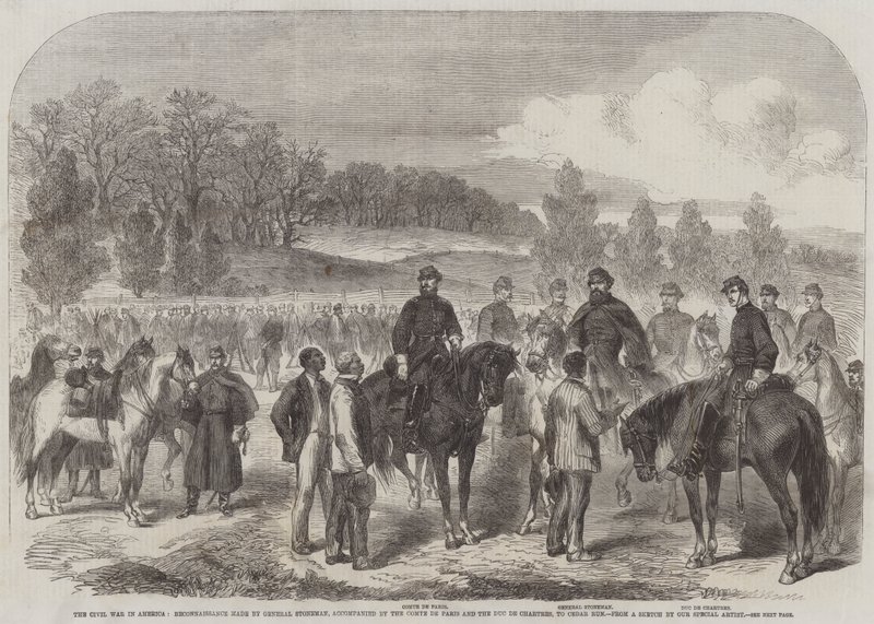 De burgeroorlog in Amerika, verkenning door generaal Stoneman, vergezeld door de graaf van Parijs en de hertog van Chartres, naar Cedar Run door English School