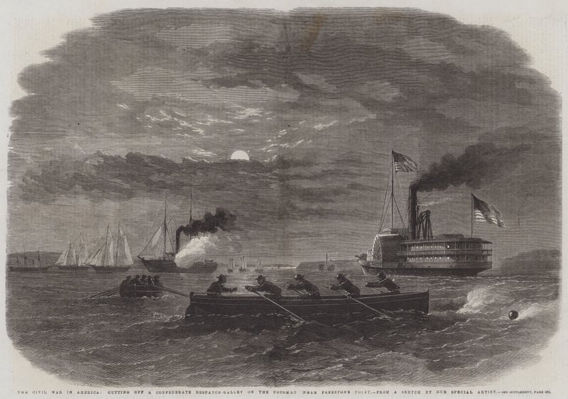 De Burgeroorlog in Amerika, het Afsluiten van een Geconfedereerde Berichten-Galerij aan de Potomac nabij Freestone Point door English School