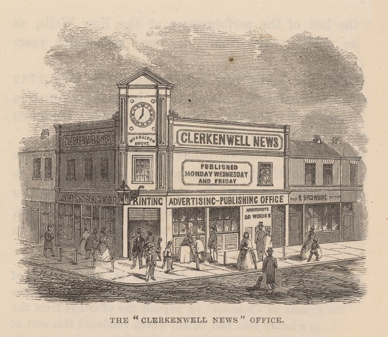 Het kantoor van de Clerkenwell News, Clerkenwell, Londen door English School