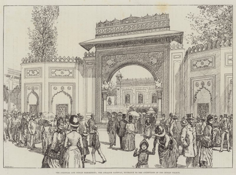 De Koloniale en Indiase Tentoonstelling, de Gwalior-poort, ingang naar de binnenplaats van het Indiase paleis (gravure) door English School