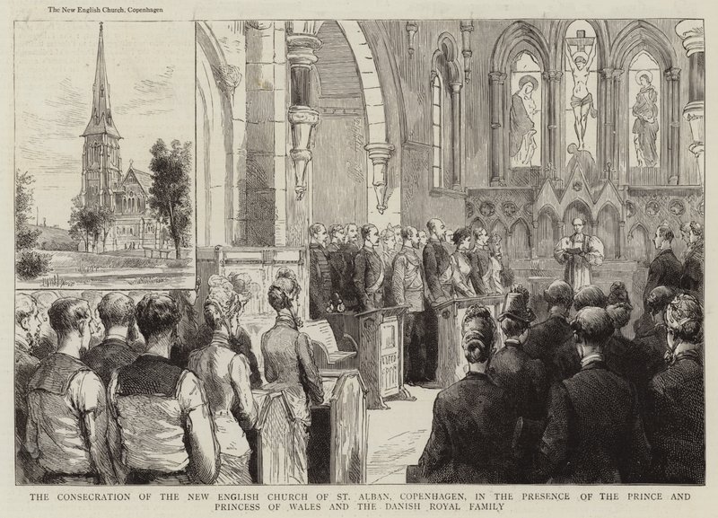 De inwijding van de nieuwe Engelse kerk van St Alban, Kopenhagen, in aanwezigheid van de prins en prinses van Wales en de Deense koninklijke familie (gravure) door English School