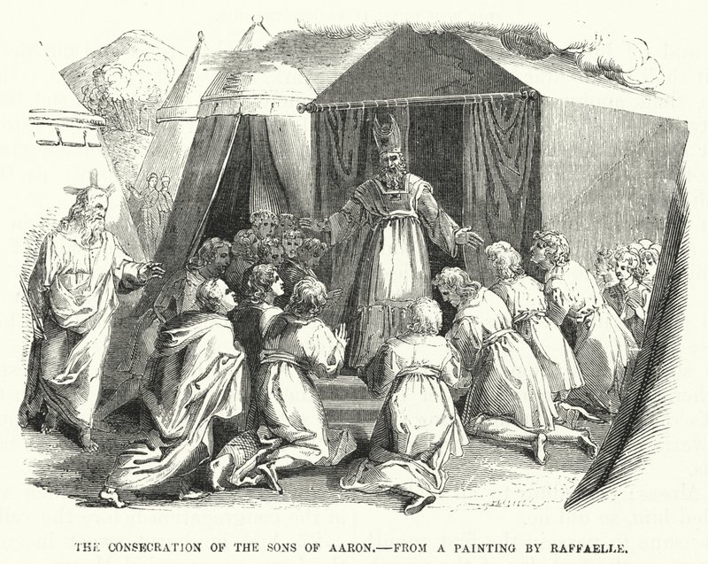 De Wijding van de Zonen van Aaron, naar een schilderij van Raffaelle (gravure) door English School
