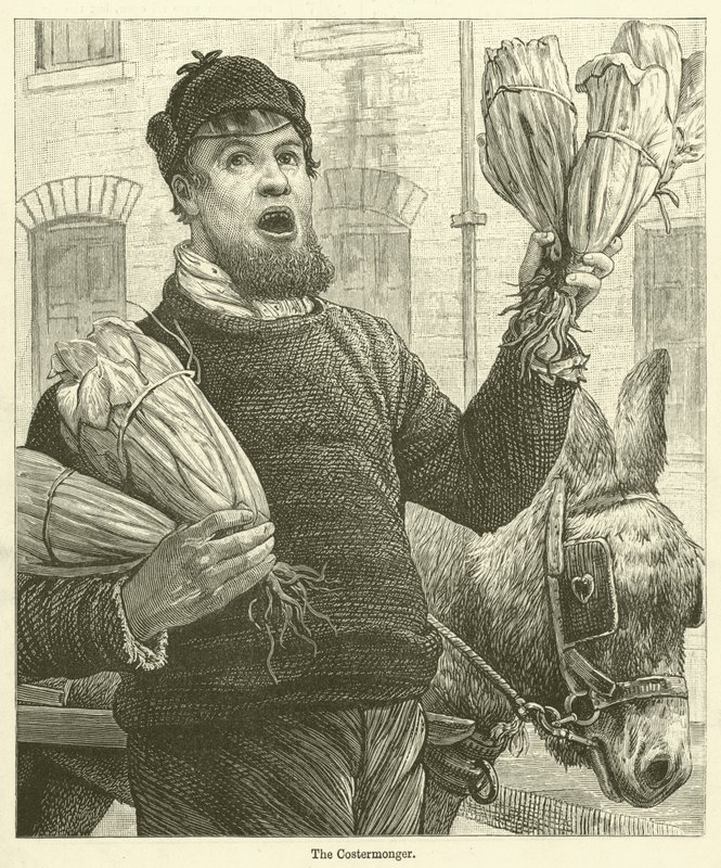 De kostenhandelaar (gravure) door English School