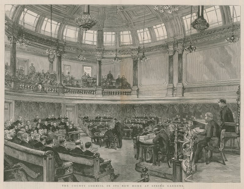 De County Council in zijn nieuwe huis in Spring Gardens, Londen door English School