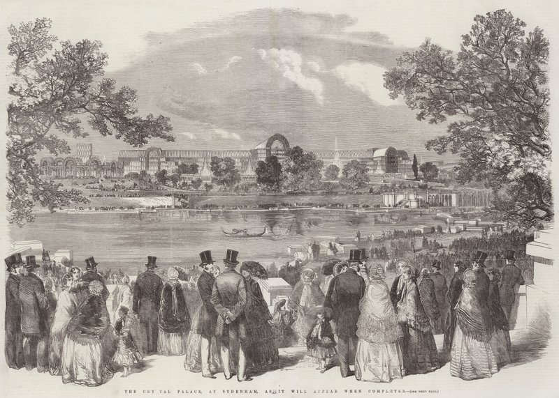 Het Crystal Palace, in Sydenham, zoals het eruit zal zien wanneer voltooid (gravure) door English School