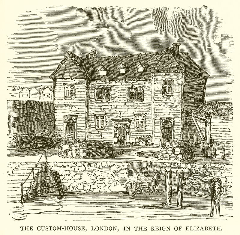 Het Douanekantoor, Londen, tijdens het Regeer van Elizabeth door English School