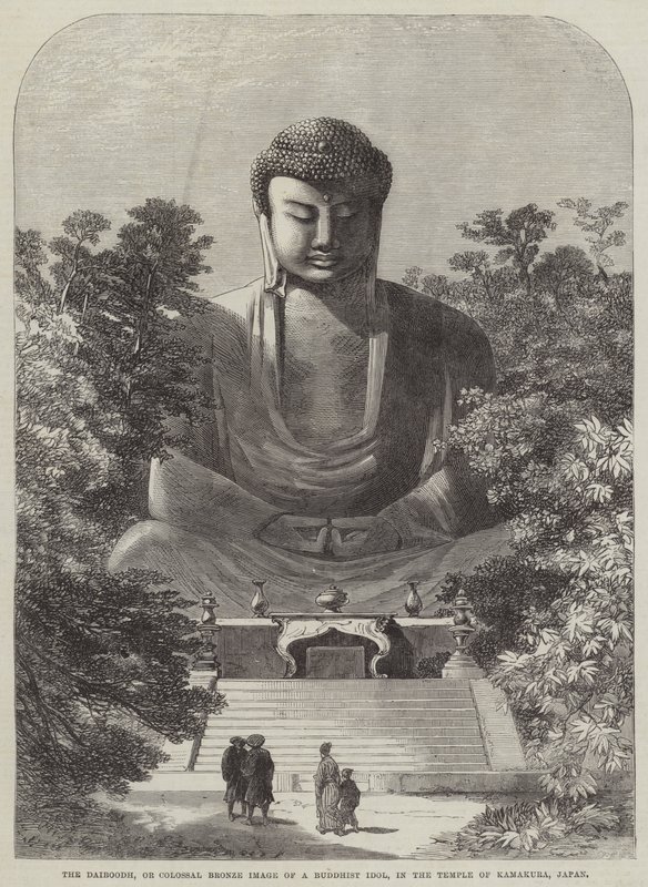 De Daiboodh, of kolossaal bronzen beeld van een boeddhistische idool, in de tempel van Kamakura, Japan (gravure) door English School