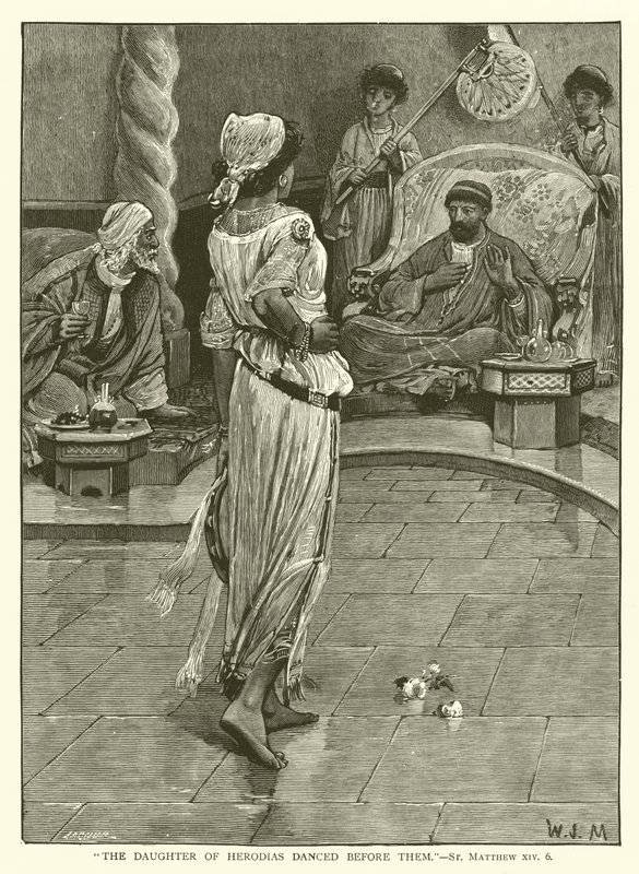 "De dochter van Herodias danste voor hen", Mattheüs, XIV, 6 (gravure) door English School