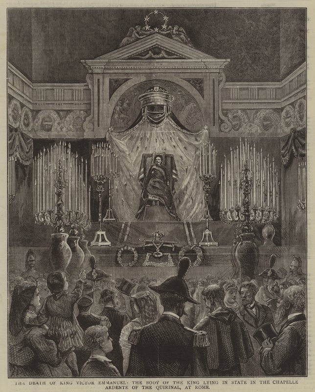 De dood van koning Victor Emmanuel, het lichaam van de koning ligt opgebaard in de Chapelle Ardente van het Quirinaal, in Rome door English School