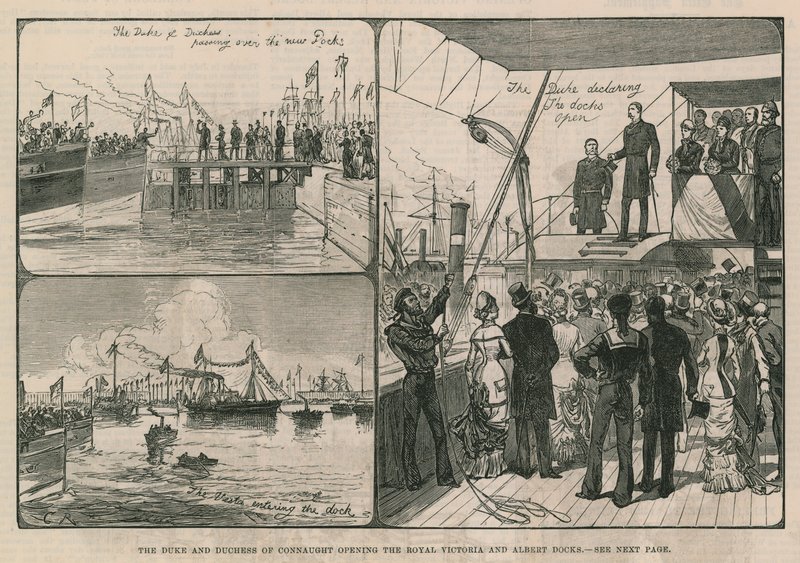 De hertog en hertogin van Connaught openen de Royal Victoria en Albert Docks door English School