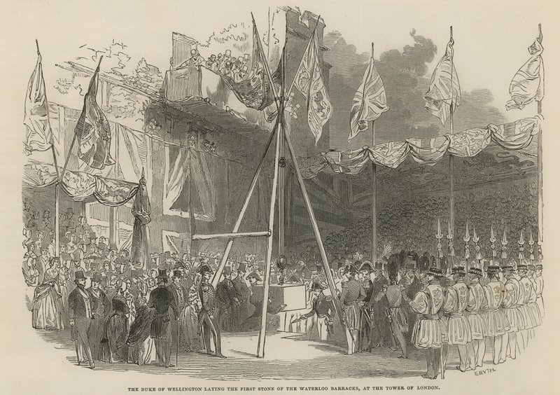 De hertog van Wellington legt de eerste steen van de Waterloo-kazerne door English School