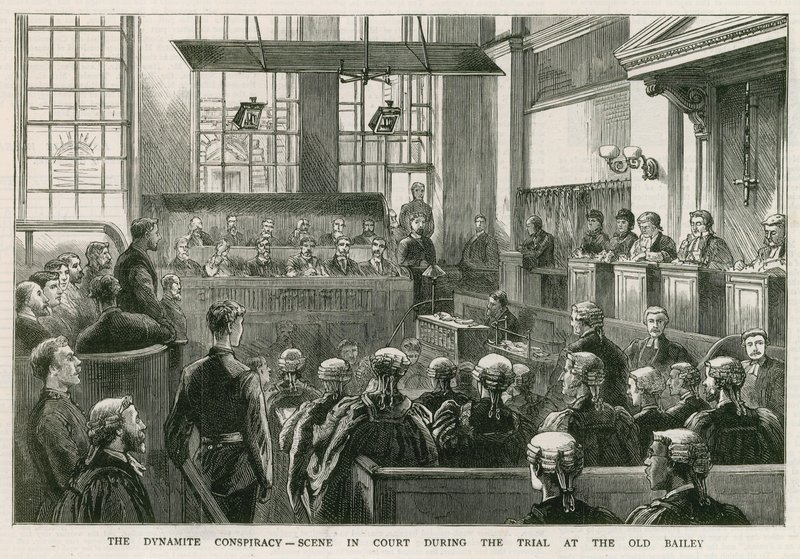 Het Dynamietcomplot, scène in de rechtbank tijdens het proces in de Old Bailey door English School