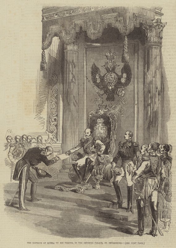 De keizer van Rusland op zijn troon, in het keizerlijk paleis, Sint-Petersburg door English School