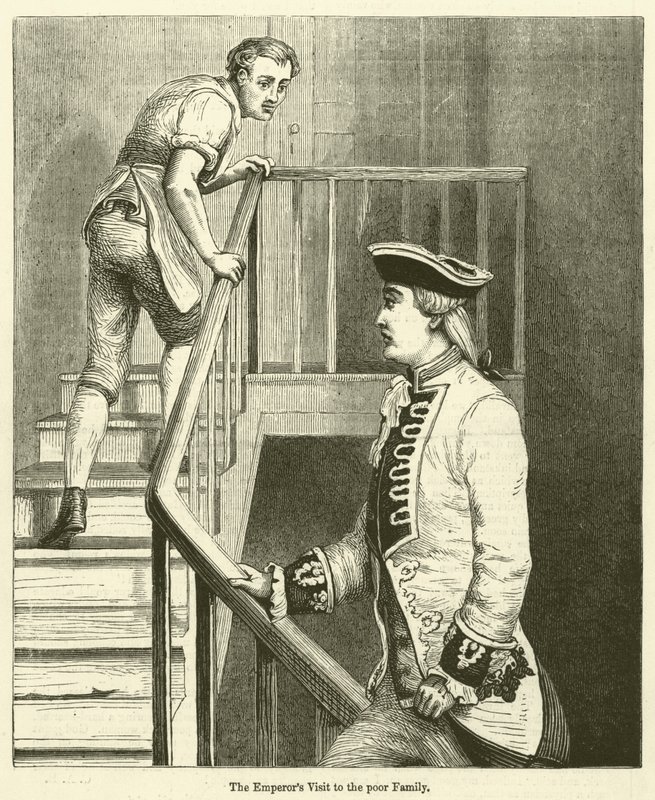 Het bezoek van de keizer aan de arme familie (gravure) door English School