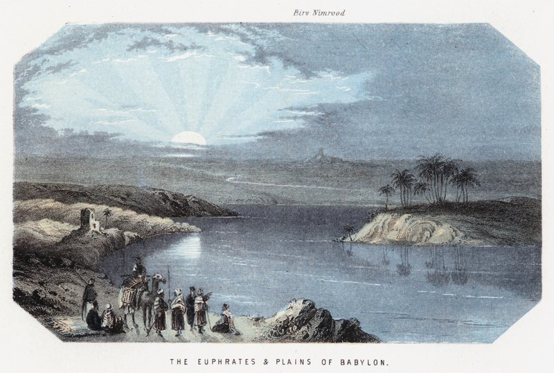 De Eufraat en vlaktes van Babylon (gekleurde gravure) door English School