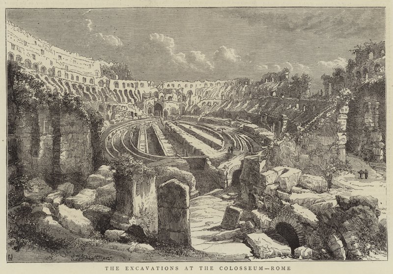 De opgravingen bij het Colosseum, Rome (gravure) door English School