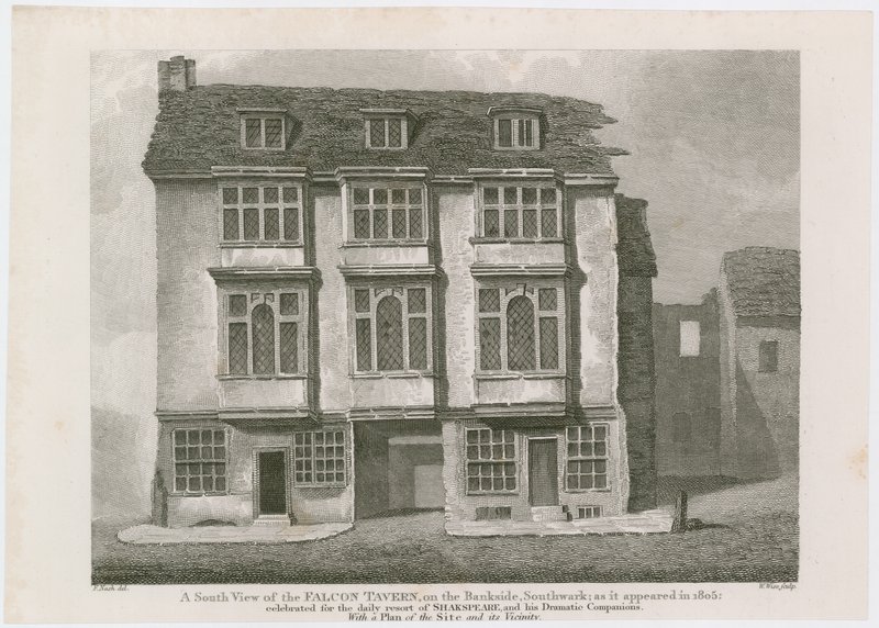 The Falcon Tavern aan de Bankside, Southwark. Zoals het verscheen in 1805 door English School