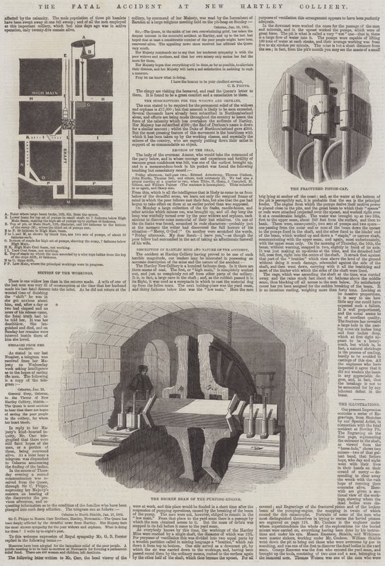 Het fatale ongeval in de New Hartley mijn (gravure) door English School