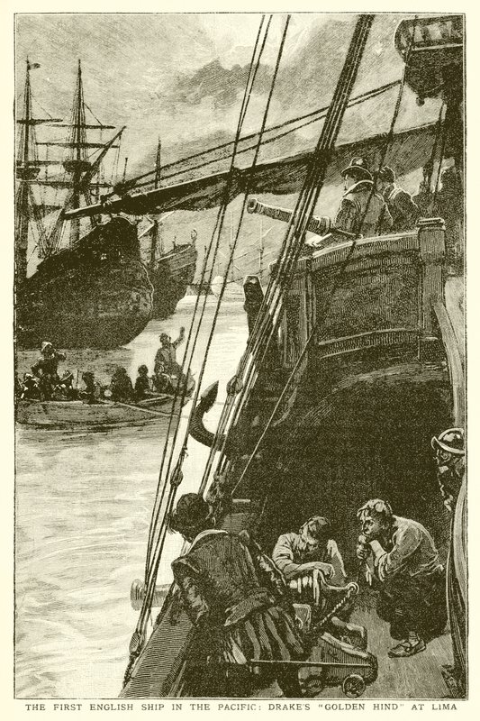 Het eerste Engelse schip in de Stille Oceaan: Drakes Golden Hind in Lima door English School