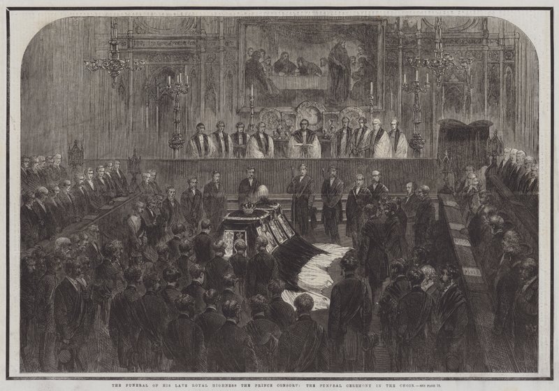 De begrafenis van wijlen Zijne Koninklijke Hoogheid de Prins-Gemaal, de begrafenisceremonie in het koor (gravure) door English School