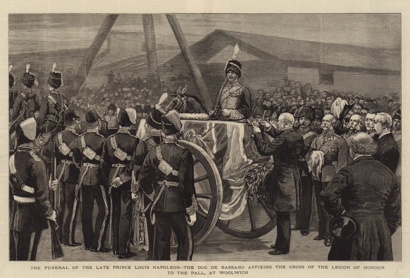 De begrafenis van wijlen prins Louis Napoleon, de hertog van Bassano, die het kruis van het Legioen van Eer aan de lijkwade bevestigt, in Woolwich door English School