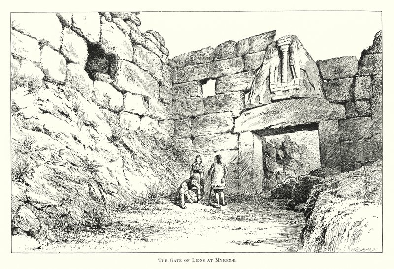 De Poort van Leeuwen bij Mykenae (gravure) door English School