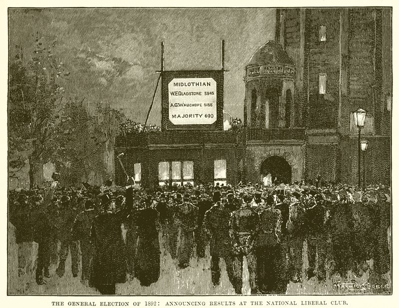 De Algemene Verkiezingen van 1892: Aankondiging van de Resultaten in de National Liberal Club door English School