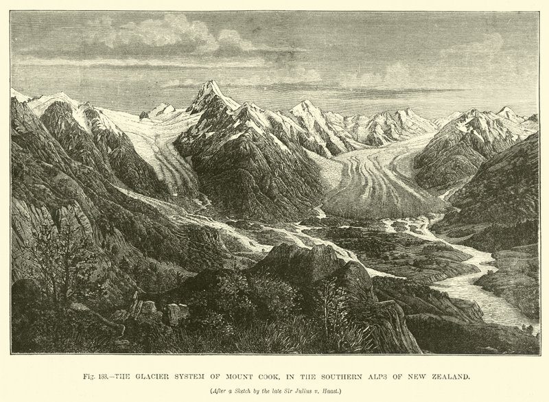Het gletsjersysteem van Mount Cook, in de Zuidelijke Alpen van Nieuw-Zeeland door English School