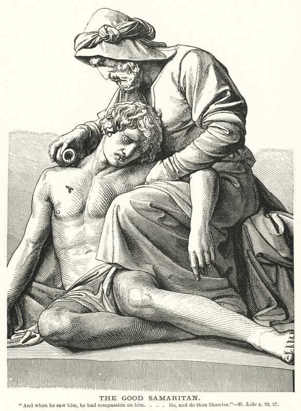 De barmhartige Samaritaan (gravure) door English School