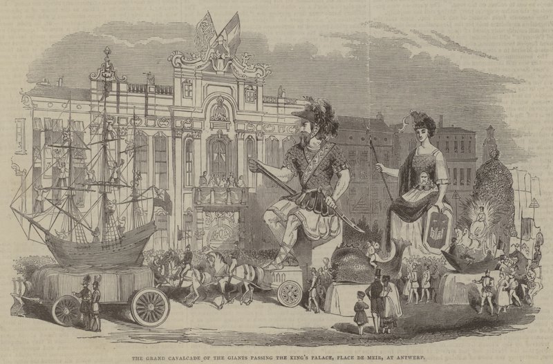 De Grote Cavalcade van de Reuzen die het Koninklijk Paleis, Place de Meir, in Antwerpen Passeren door English School