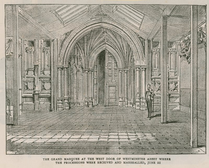 De grote tent bij de westdeur van Westminster Abbey door English School