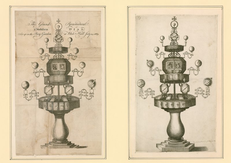 De Grote Piramidale en Multiforme Zonnewijzer opgesteld in de Privy Garden in Whitehall, 24 juli 1669 door English School