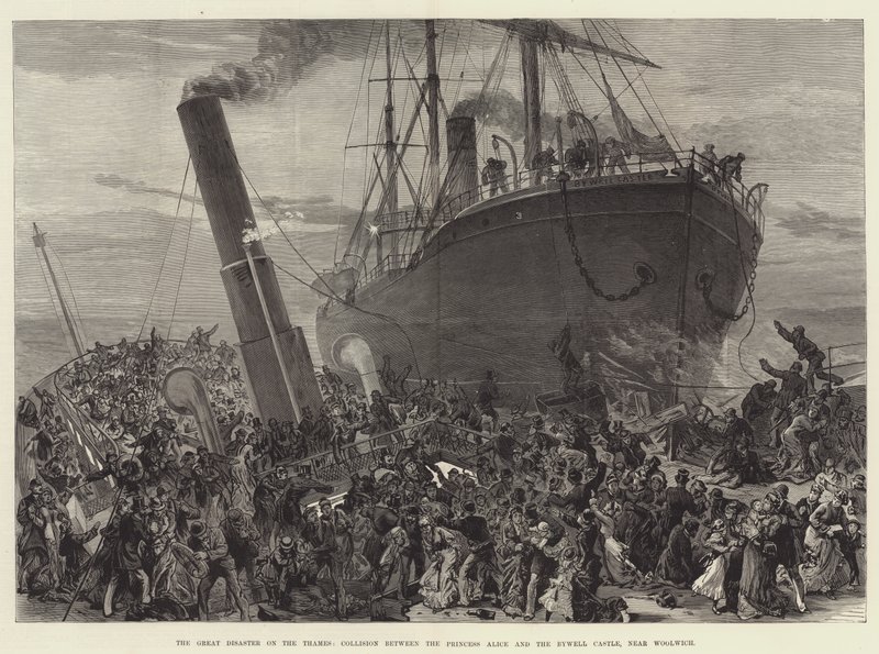 De grote ramp op de Theems, botsing tussen de prinses Alice en de Bywell Castle, nabij Woolwich (gravure) door English School