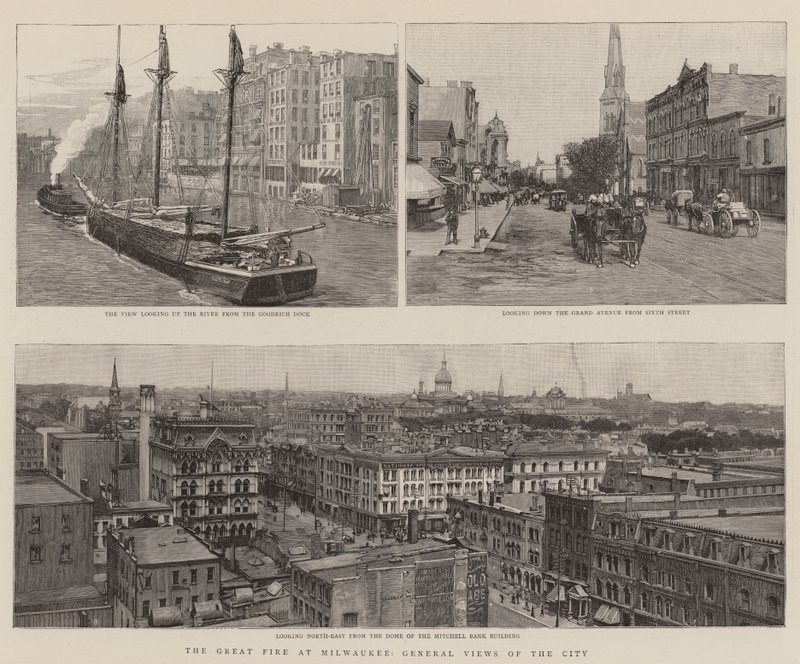 De grote brand in Milwaukee, algemene uitzichten van de stad (gravure) door English School