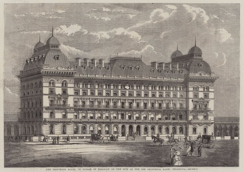 Het Grosvenor Hotel, in aanbouw op de locatie van het oude Grosvenor Basin, Belgravia door English School