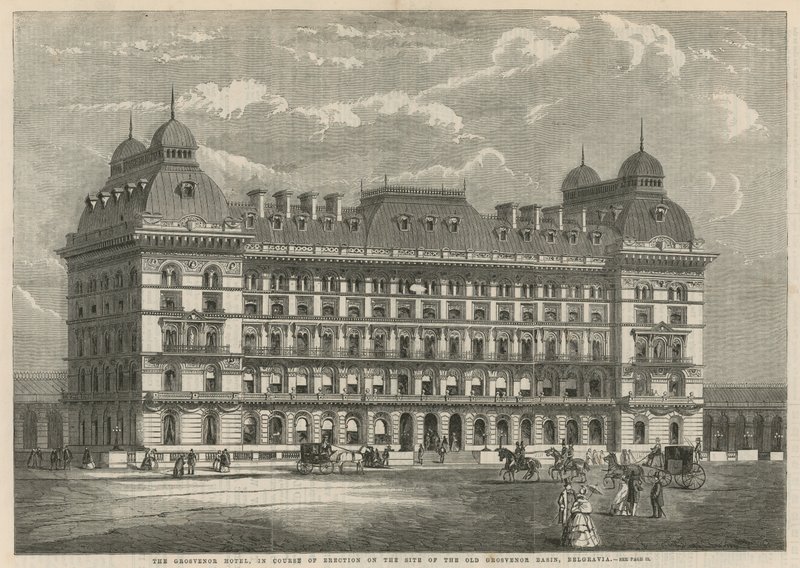 Het Grosvenor Hotel, in aanbouw op de locatie van het oude Grosvenor Basin, Belgravia door English School
