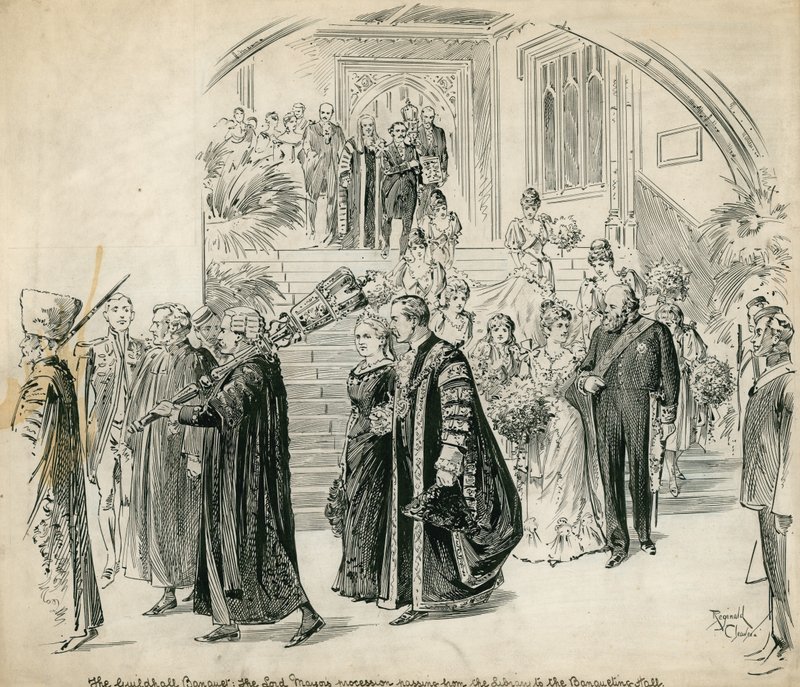 De Guildhall, Londen, Banket: de Lord Mayors processie die van de Bibliotheek naar de Banketzaal gaat door English School